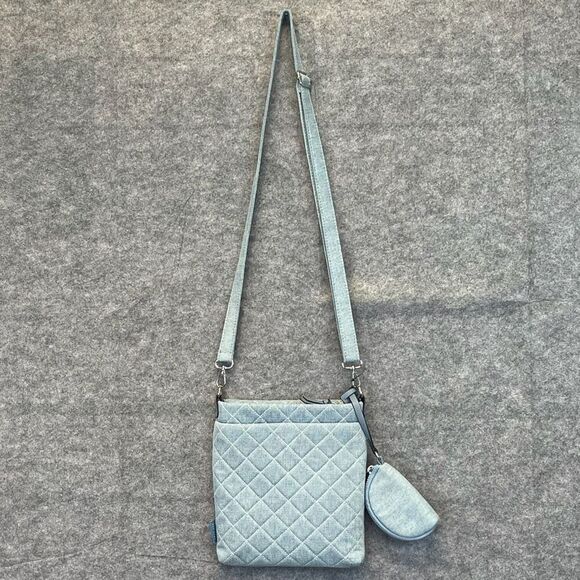 NWT RAE DUNN Crossbody Bag Blue Denim Quilted Purse With Matching Pouch New - Picture 2 of 14
